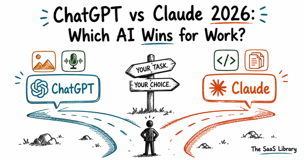 Fork-in-the-road illustration routing ChatGPT vs Claude 2026 tasks to the right AI tool