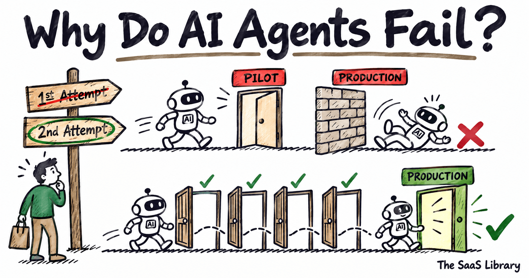 Doodle illustration of an AI agent failing at production versus passing through four gates successfully