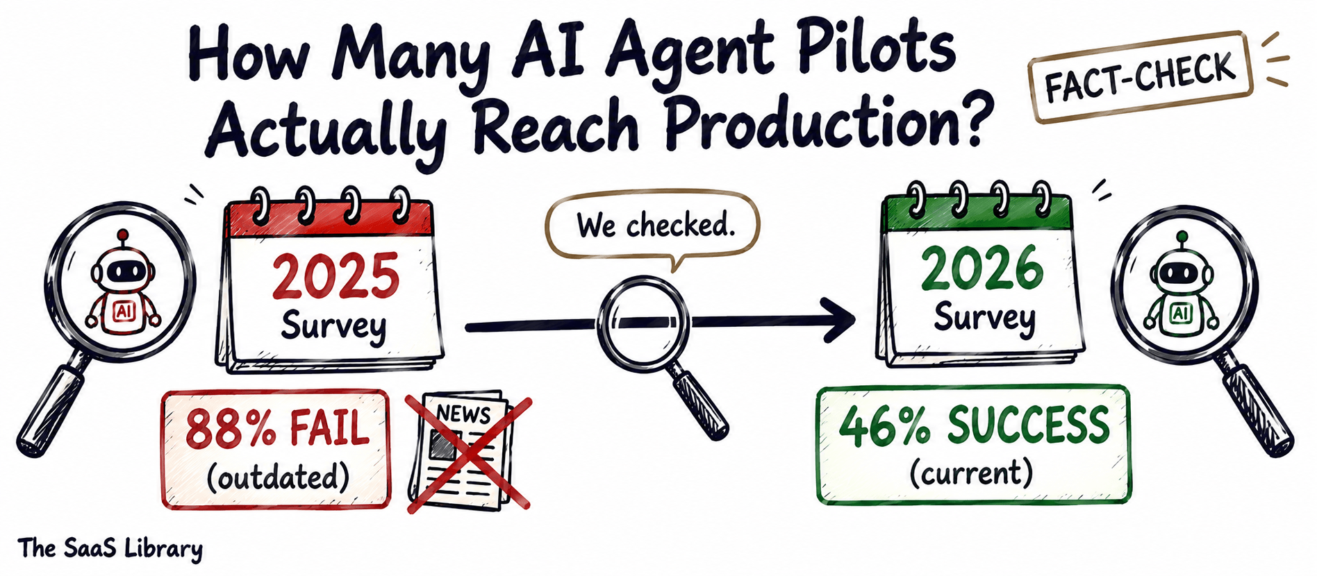 Doodle timeline comparing outdated 88% AI pilot failure stat to the current 46% success rate