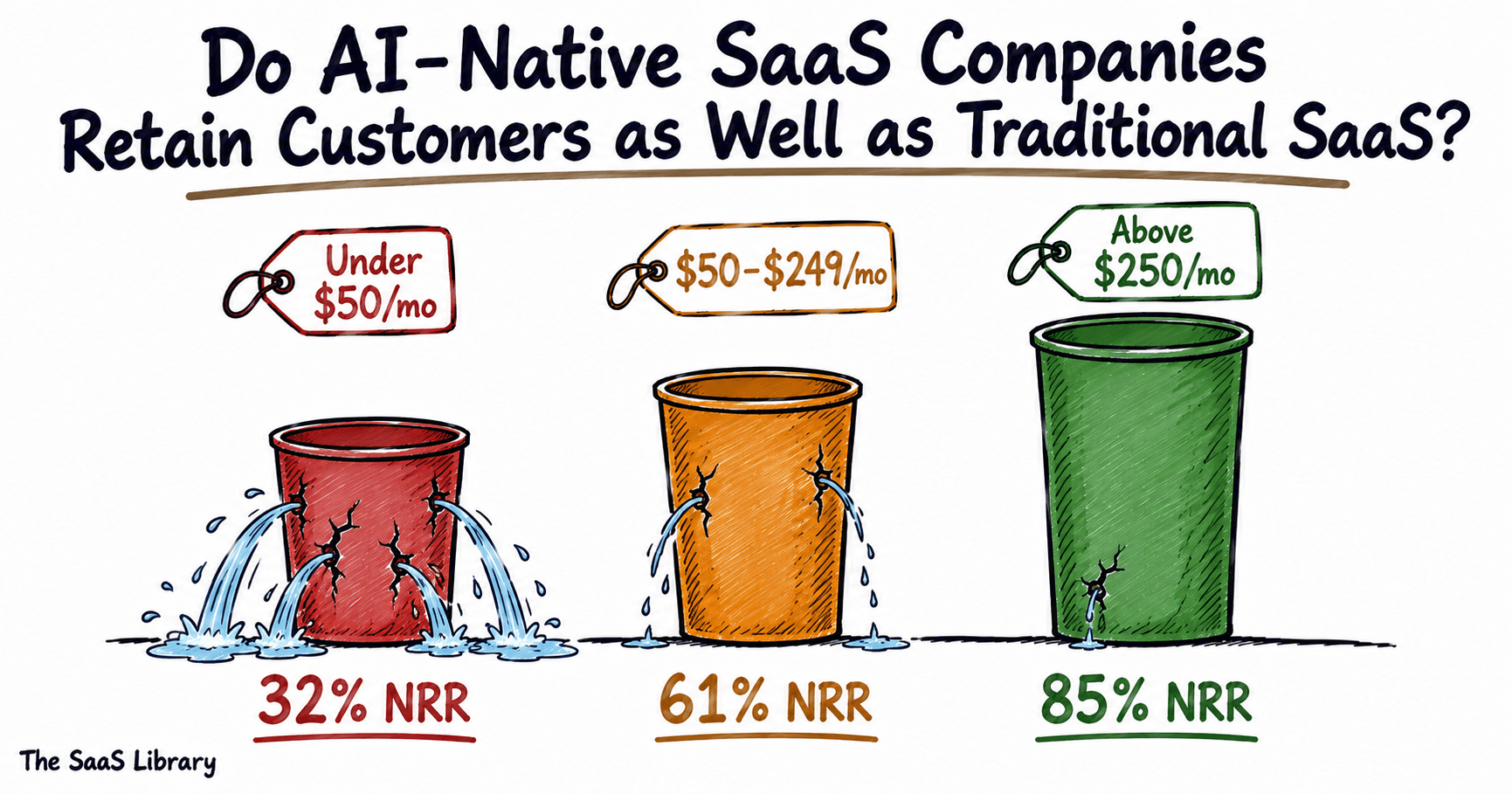 Doodle chart of leaking buckets showing AI-native SaaS retention improving at higher price tiers