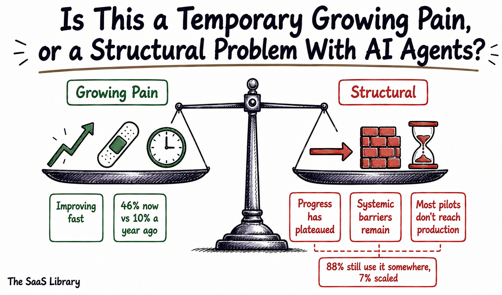 Doodle balance scale weighing growing-pain evidence against structural-problem evidence for AI agent failure