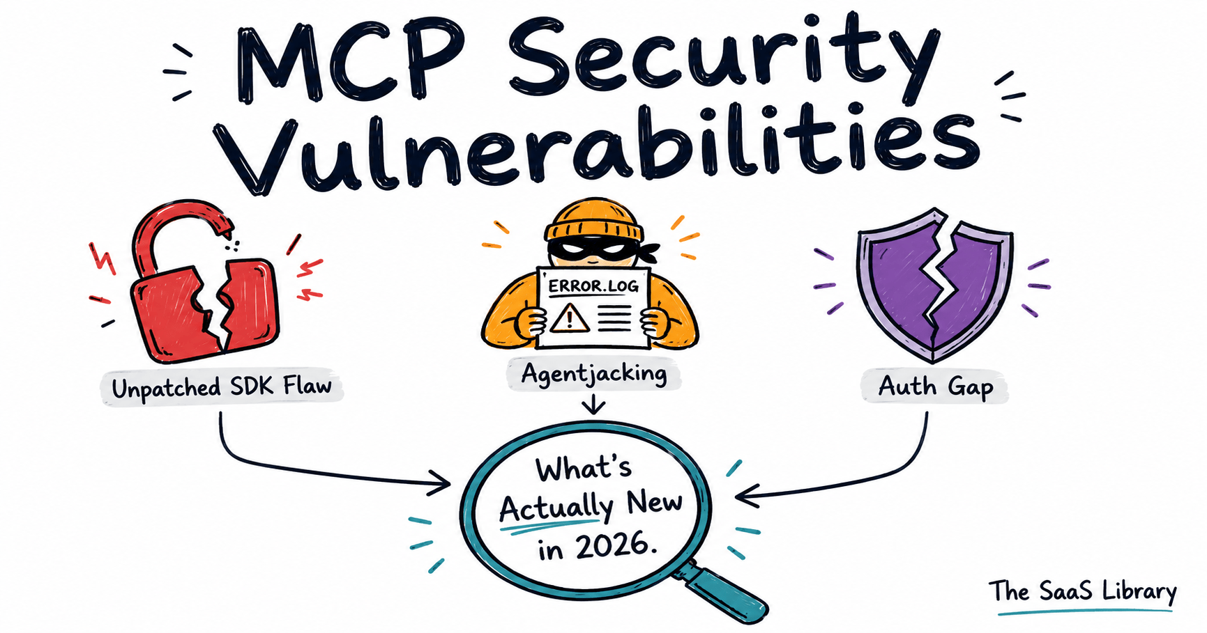 MCP security vulnerabilities doodle showing unpatched SDK flaw, agentjacking, and authentication gap icons