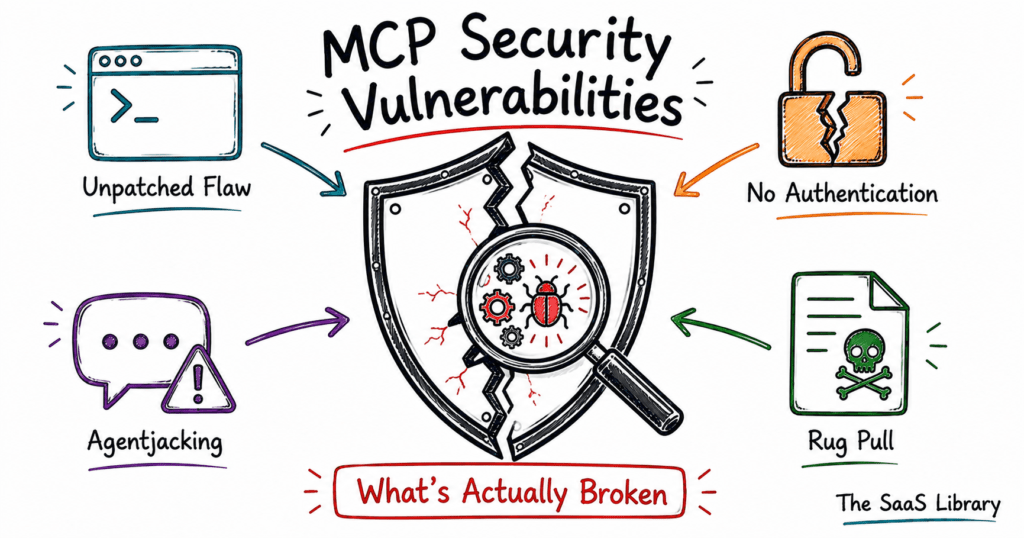 MCP security vulnerabilities shown as a cracked shield facing unpatched flaws, no auth, agentjacking, and rug pulls