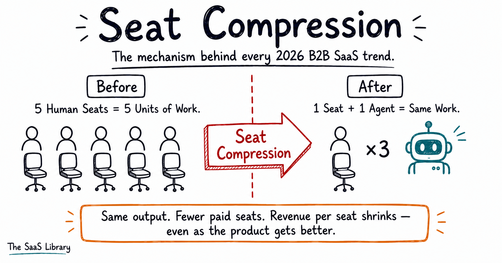 Doodle diagram explaining Seat Compression — fewer paid seats producing the same output with AI agents