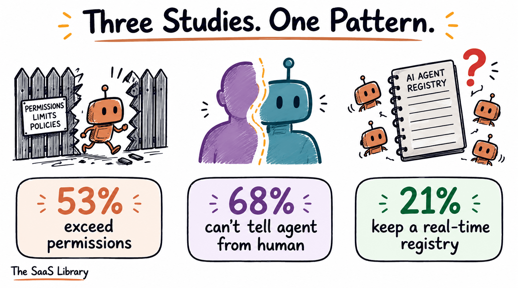 Three CSA studies showing AI agents exceeding permissions, unlogged activity, and missing registries