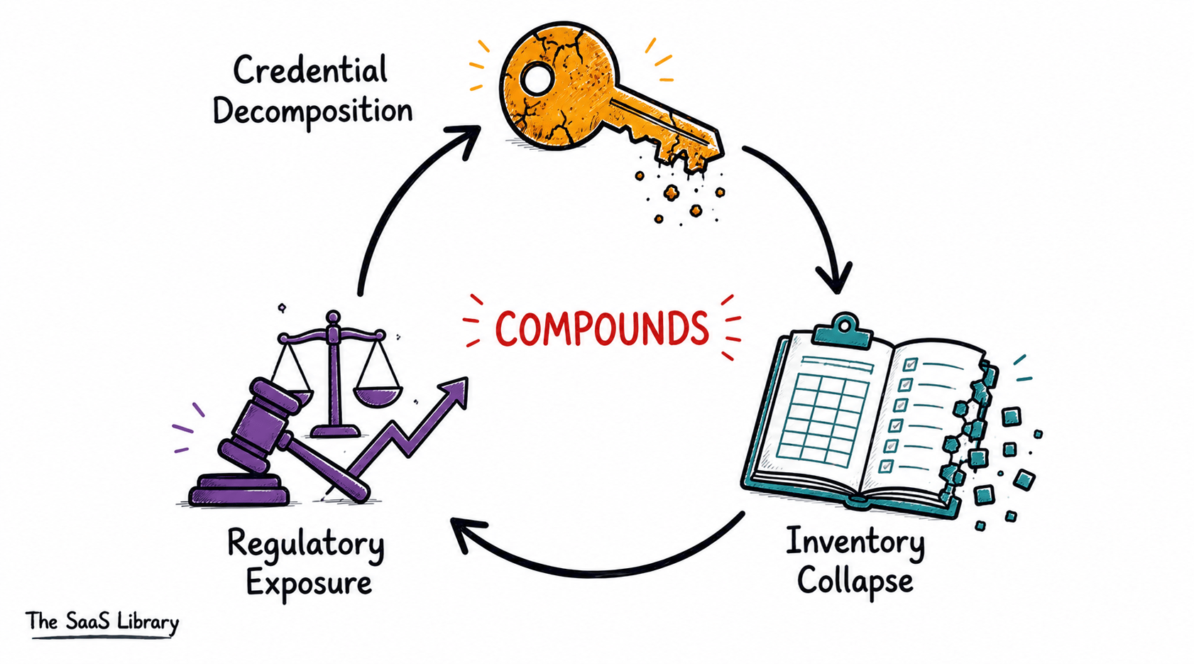 Three-part cycle showing how agent identity debt compounds over time