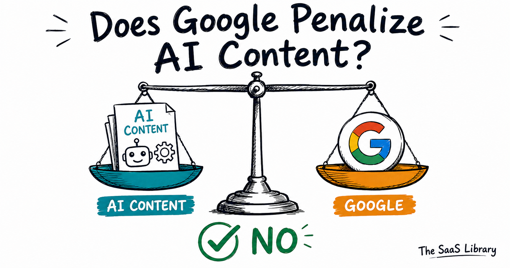 Balance scale showing Google does not penalize AI content over human-written pages