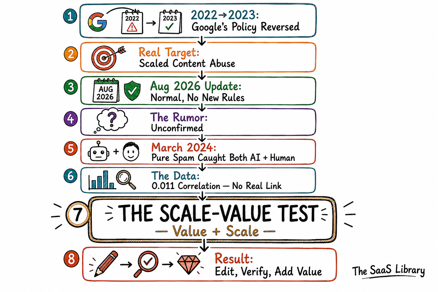 Visual summary of Google's AI content policy and the SaaS Library Scale-Value Test framework