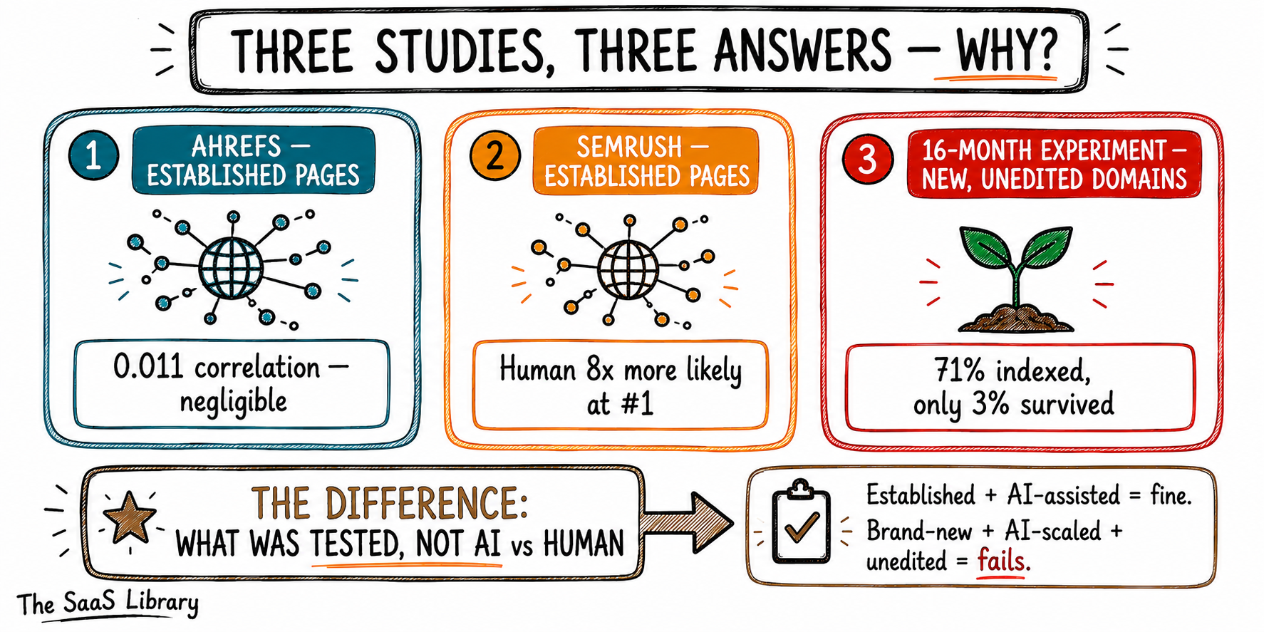 Reconciliation of three studies on AI content and Google rankings