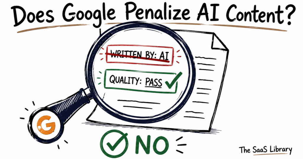 Does Google Penalize AI Content? Magnifying glass showing quality over authorship