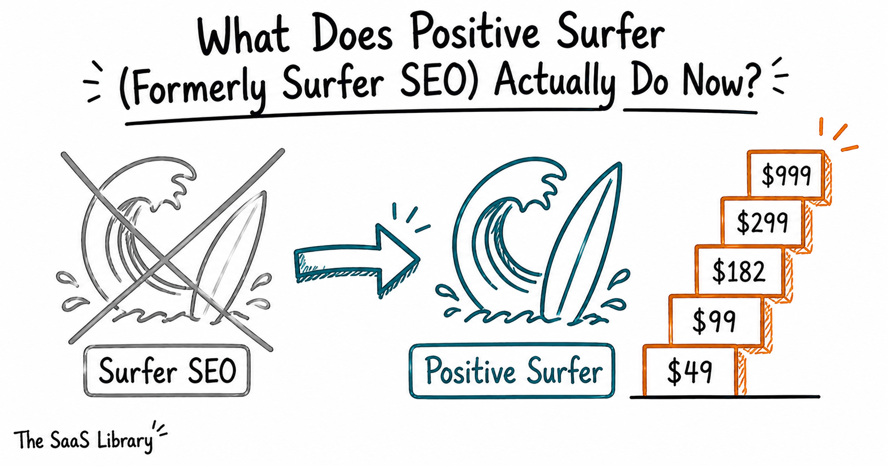Doodle showing Surfer SEO's rebrand to Positive Surfer and new five-tier pricing ladder