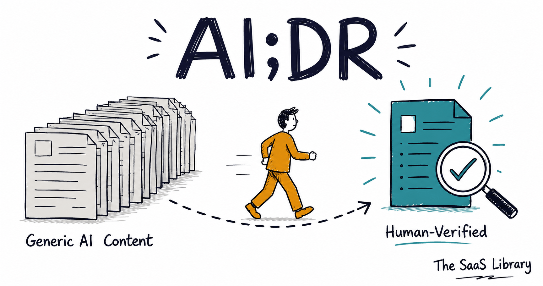 Doodle diagram showing AI generated content eroding thought leadership trust in B2B SaaS