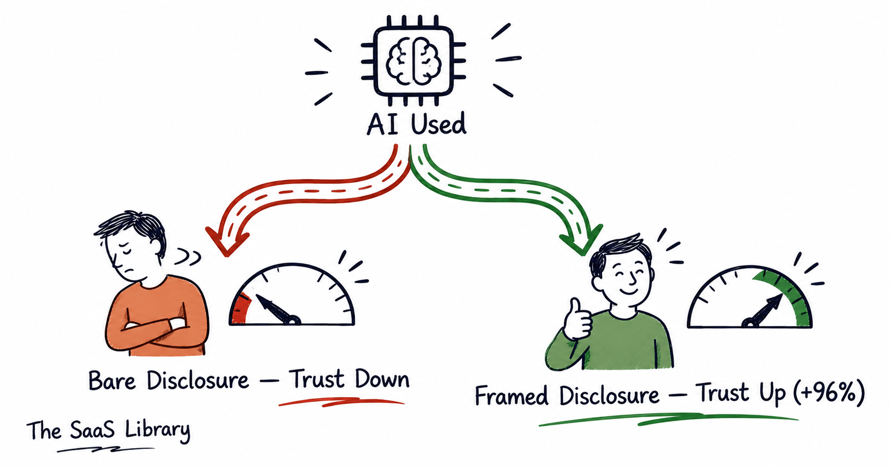 Diagram comparing bare AI disclosure versus framed AI disclosure and their opposite effects on trust