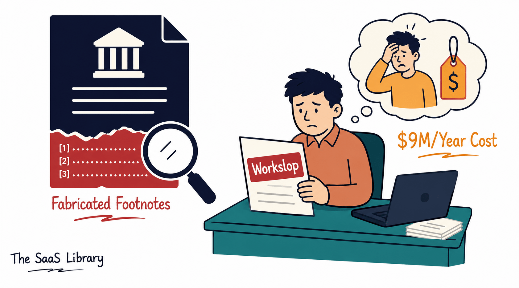 Doodle illustration of AI content authority collapse through fabricated reports and internal workslop