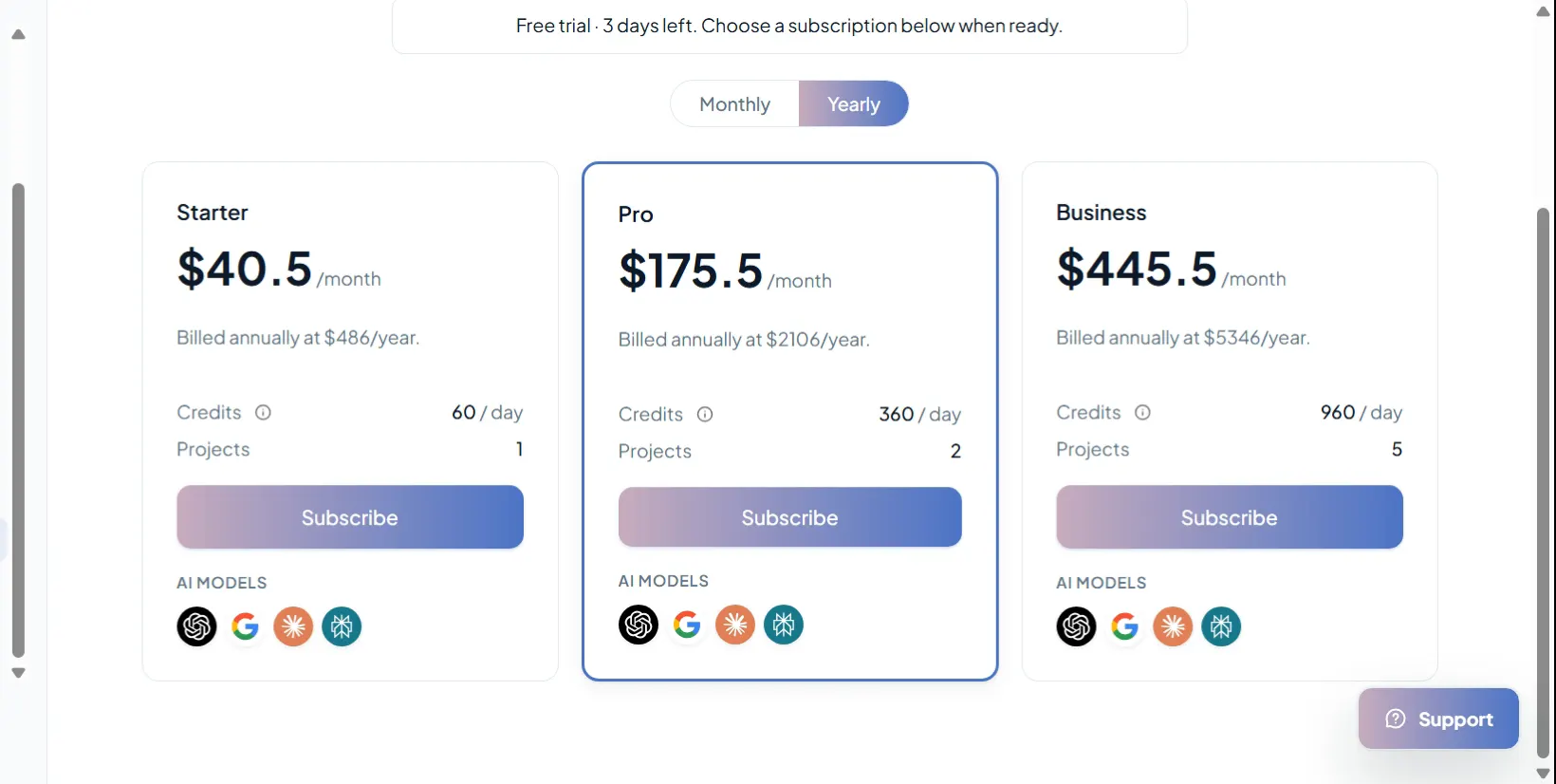AI Search Console pricing tiers showing Starter, Pro, and Business plans with credits, projects, and annual discount