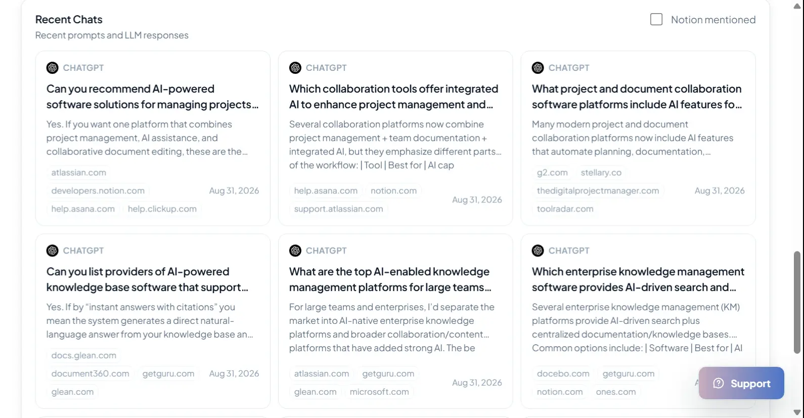 AI Search Console Recent Chats feed showing real ChatGPT prompts, answers, and cited domains for Notion
