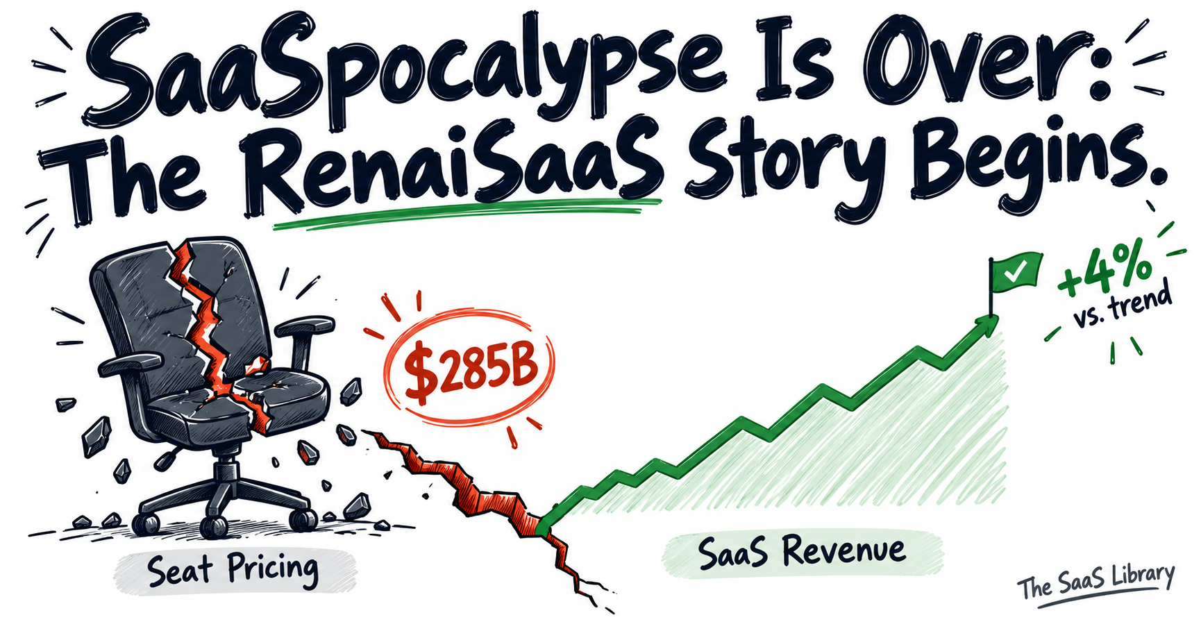 Doodle illustration of a cracked seat icon transitioning into a rising SaaS revenue graph, illustrating the SaaSpocalypse recovery