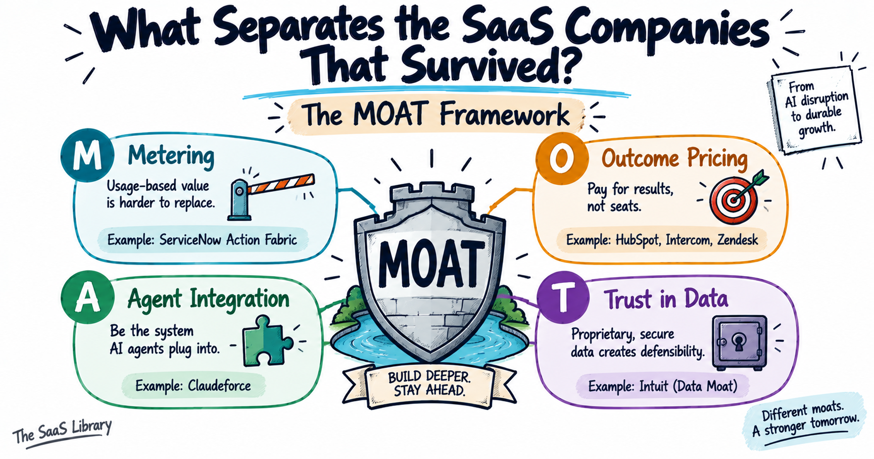 The MOAT Framework diagram showing Metering, Outcome pricing, Agent integration and Trust as SaaS survival pillars