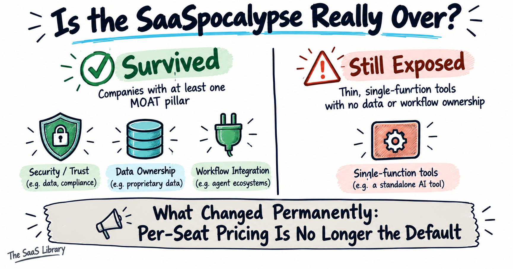 Doodle comparing SaaS companies that survived AI disruption to thin tools still exposed, with the permanent pricing shift