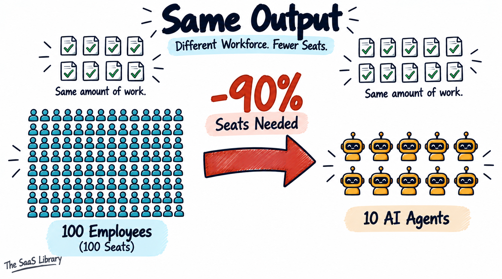 Doodle comparing 100 employees to 10 AI agents, illustrating the seat-pricing math behind SaaS pricing fears