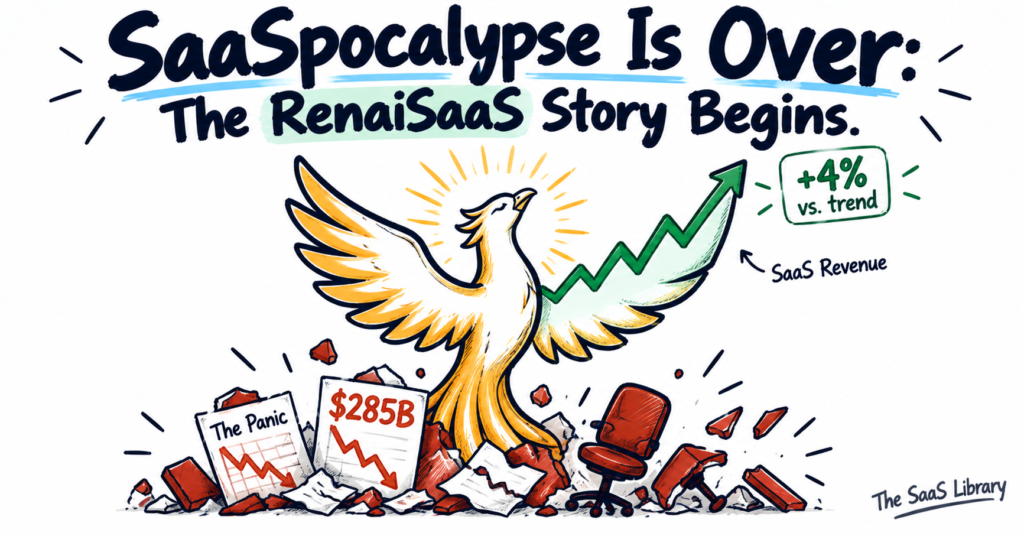 Doodle illustration of a phoenix rising from broken SaaS stock charts, symbolizing the SaaSpocalypse recovery into RenaiSaaS