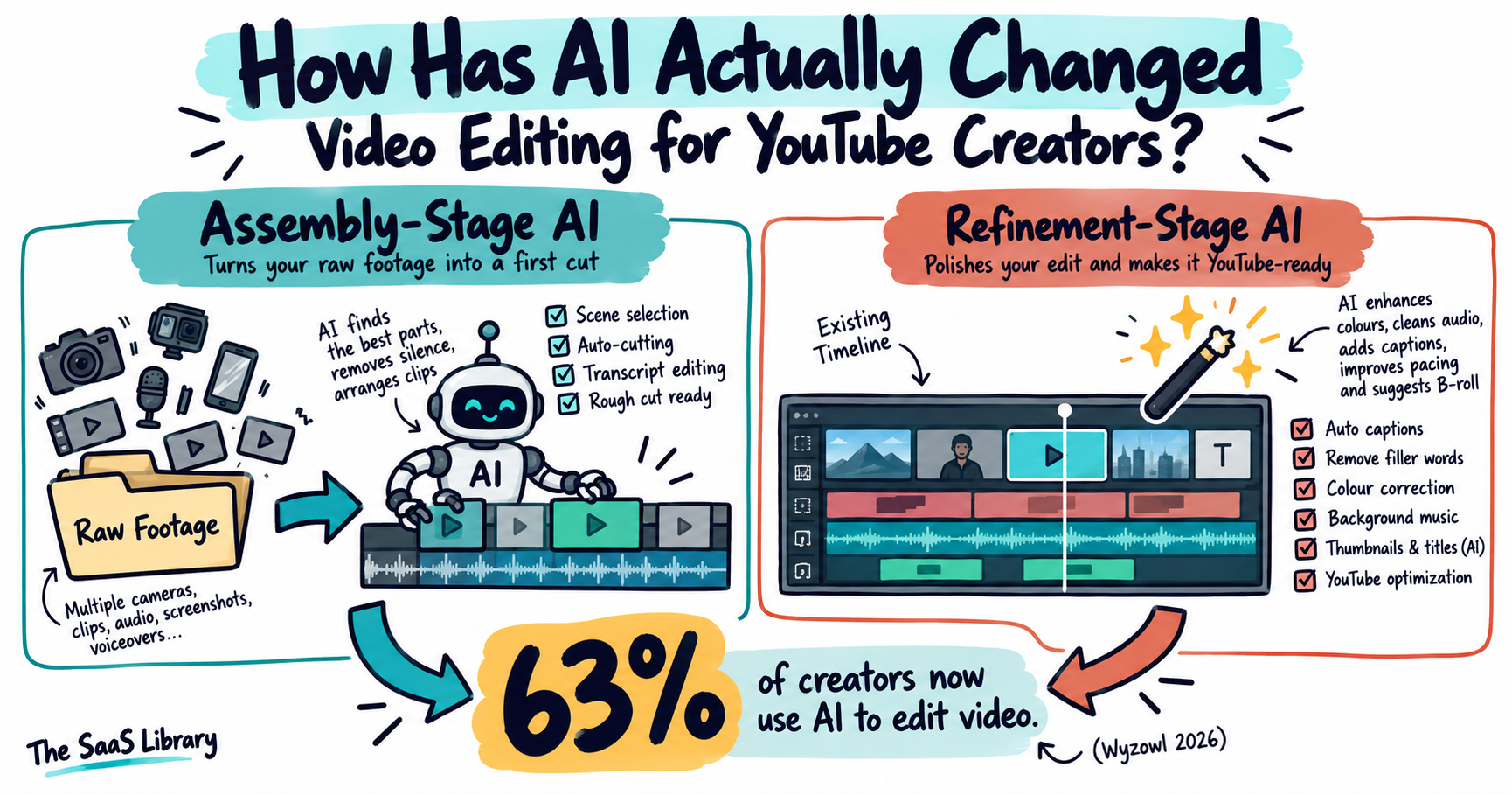 Diagram comparing assembly-stage and refinement-stage AI video editing tools for YouTube creators