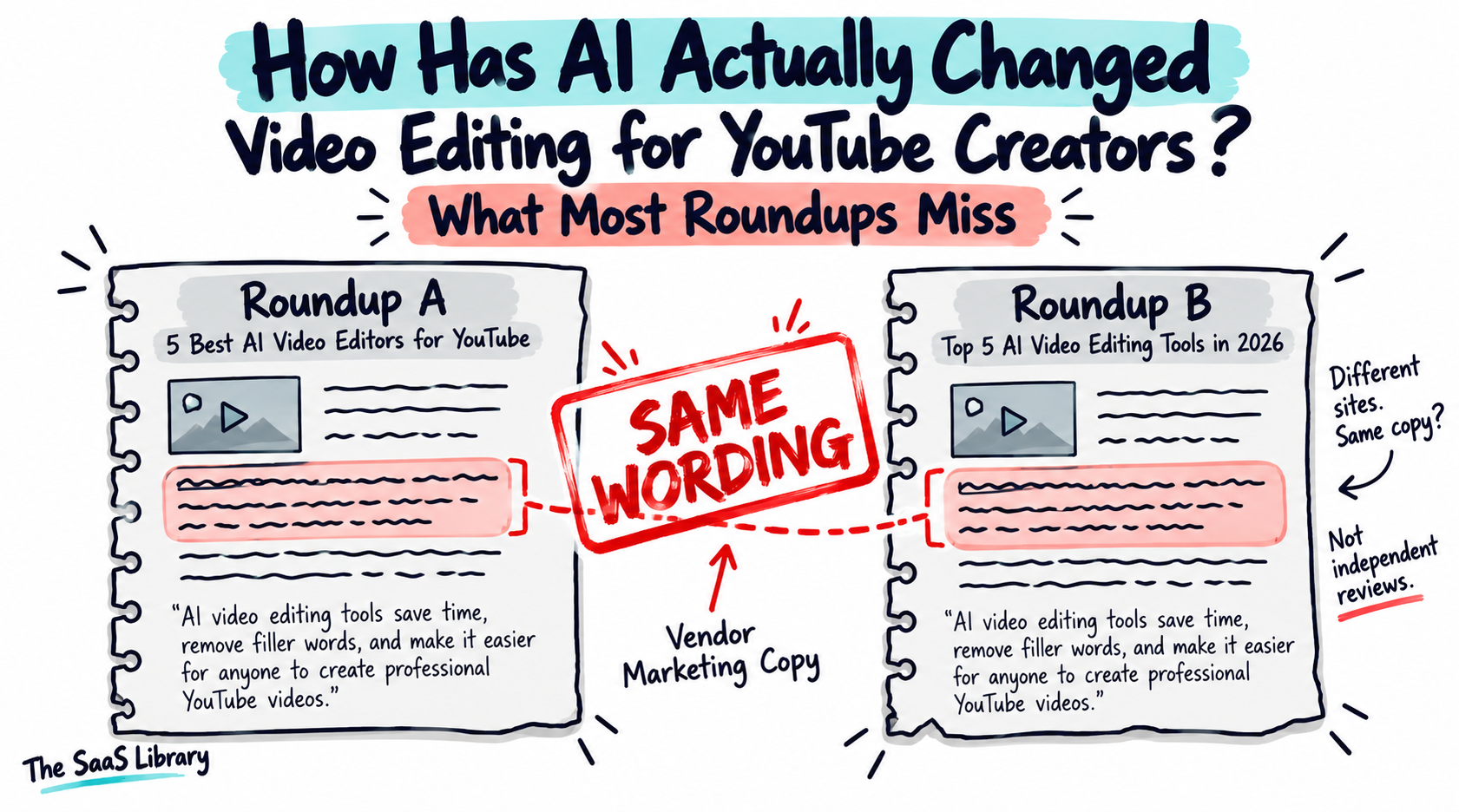 Two AI video editor roundups with identical wording, flagging non-independent YouTube editing reviews