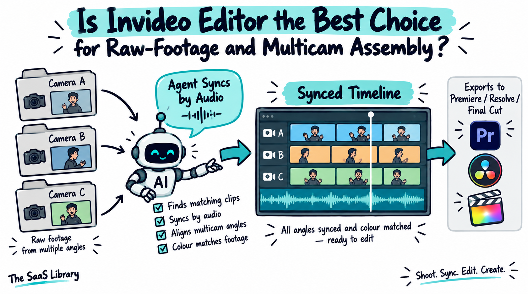 Invideo Editor AI agent syncing three camera angles into one timeline for YouTube multicam footage