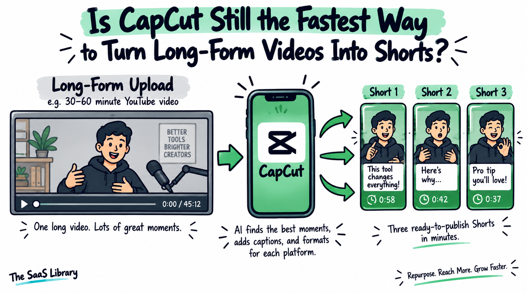 CapCut turning one long YouTube video into three short vertical clips for repurposing