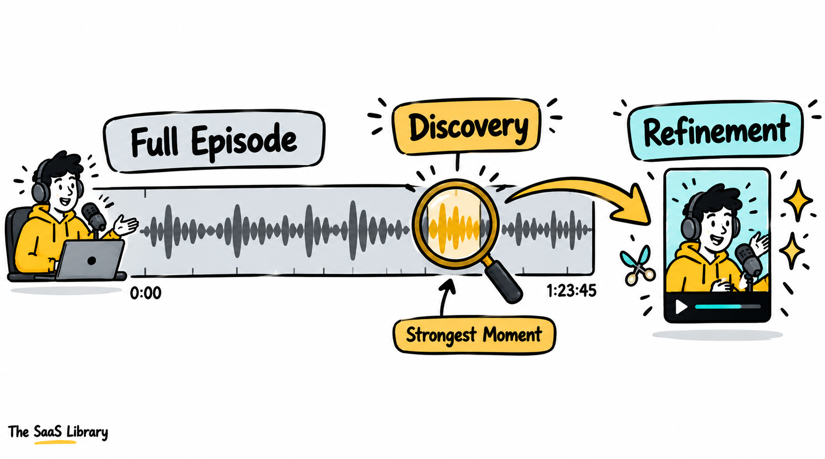 Discovery and refinement as two separate stages of turning a podcast into a social clip