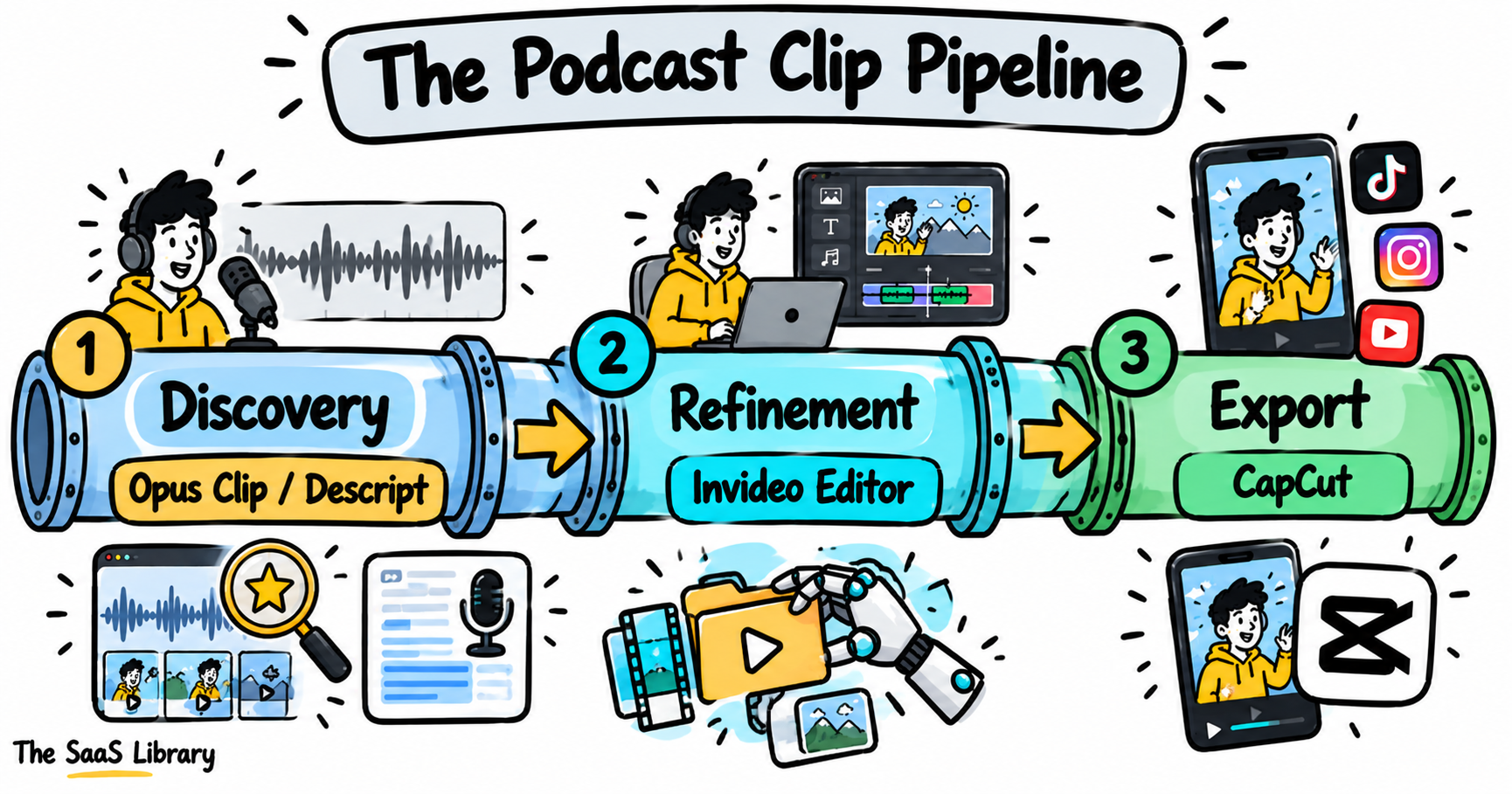The Podcast Clip Pipeline, a three-stage framework for turning a podcast into social clips