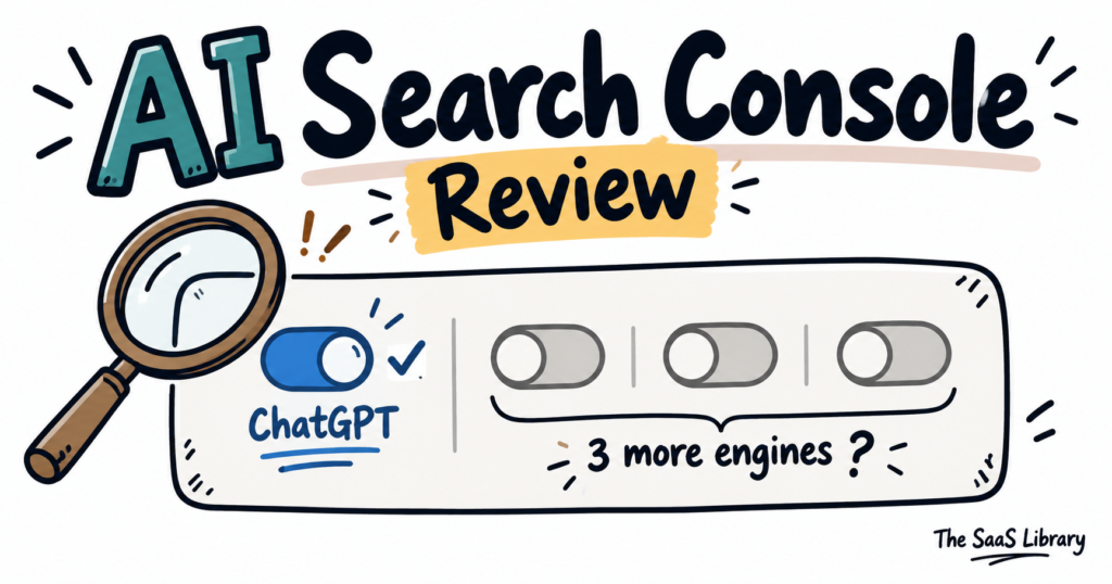 AI Search Console review — doodle illustration of engine toggles, one switched on and three off.