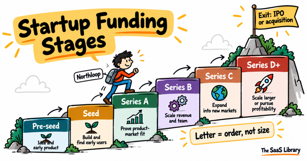 Staircase of startup funding stages from pre-seed to Series C and beyond, with Northloop climbing toward an exit