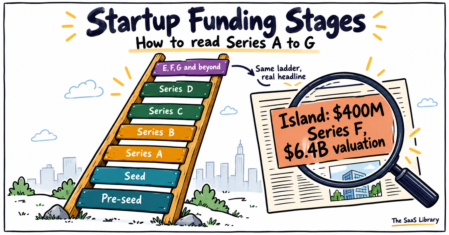 Ladder of startup funding stages from seed to Series G, with a magnifier on Island's $400M Series F headline