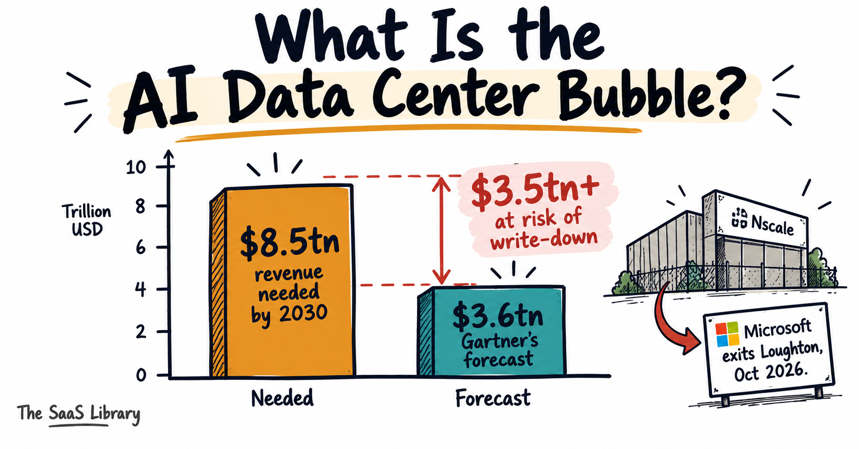 Chart showing the AI data center bubble's $8.5tn revenue gap against $3.6tn forecast