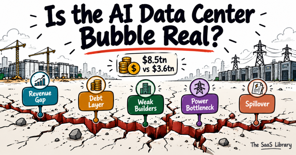 AI data center bubble shown as a cracking fault line with five warning sign markers