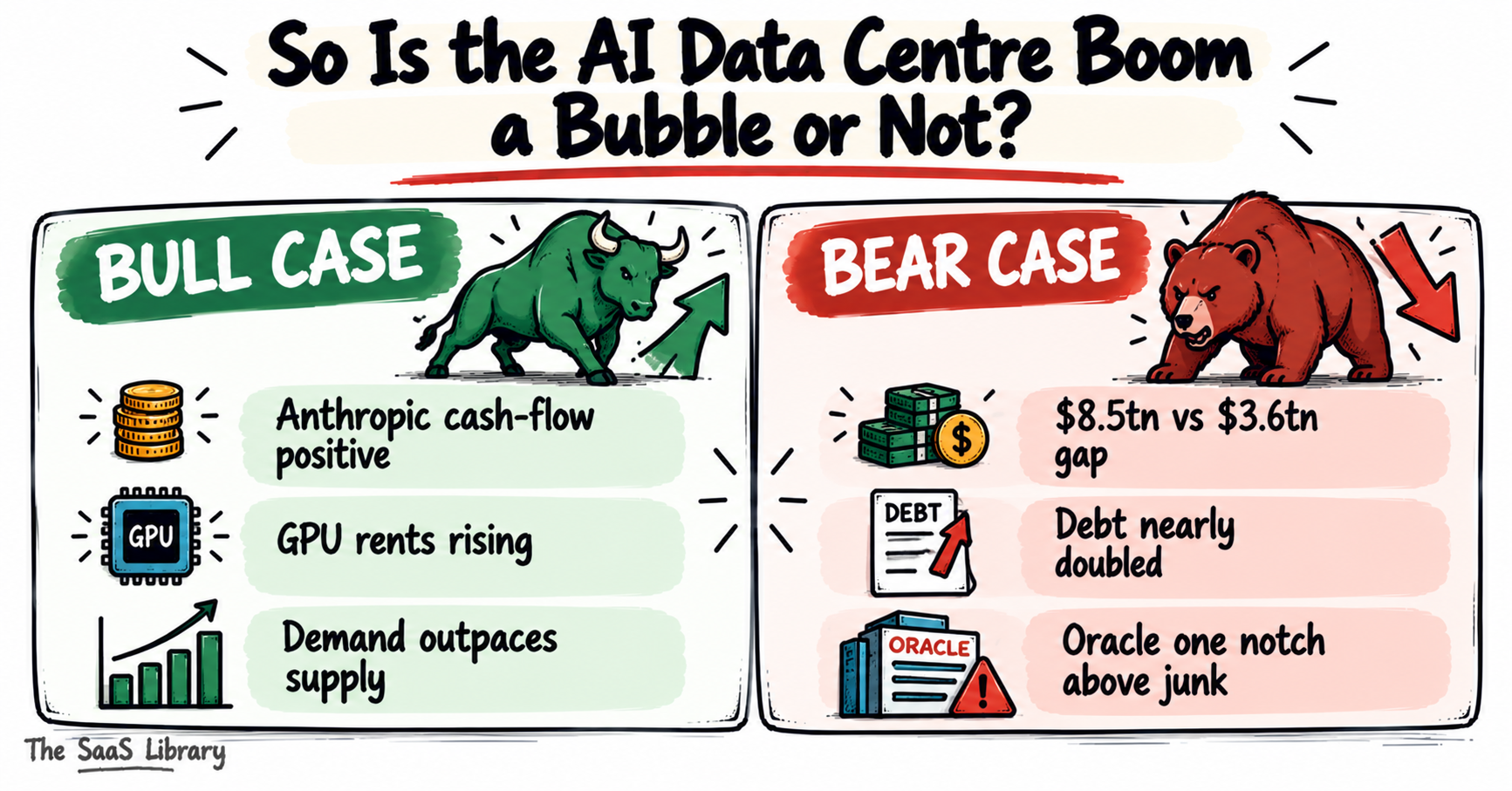Bull versus bear case for the AI data center bubble, summarised visually