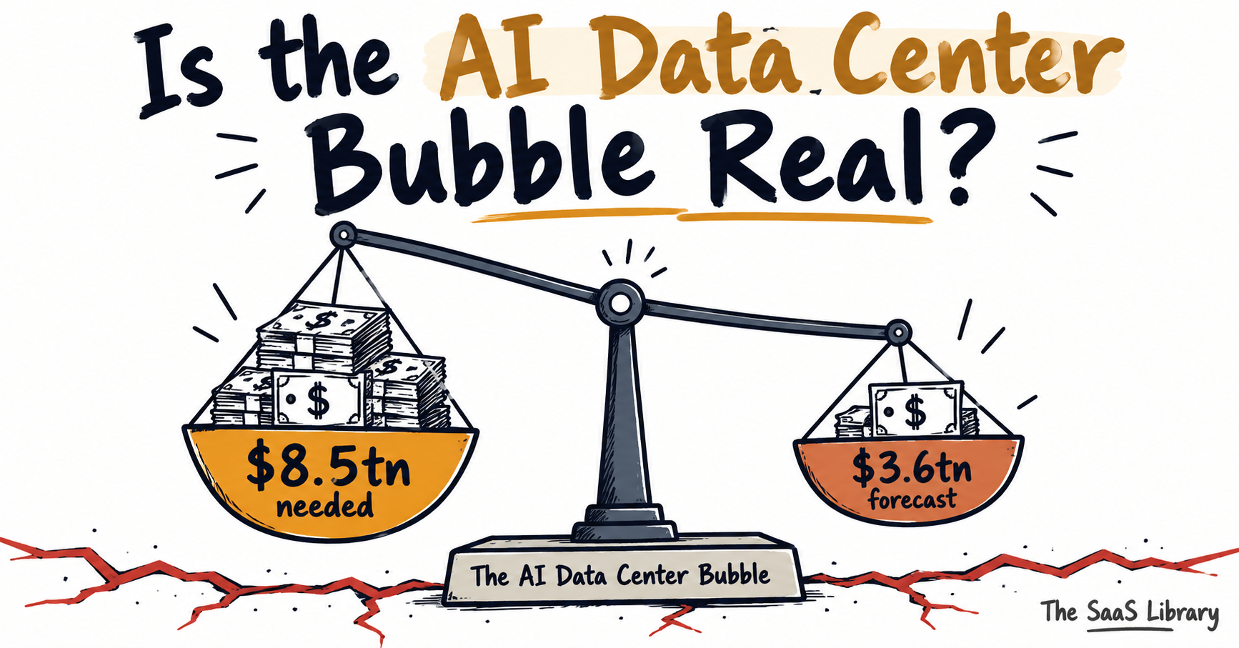 AI data center bubble shown as a scale tipping toward an $8.5tn revenue gap