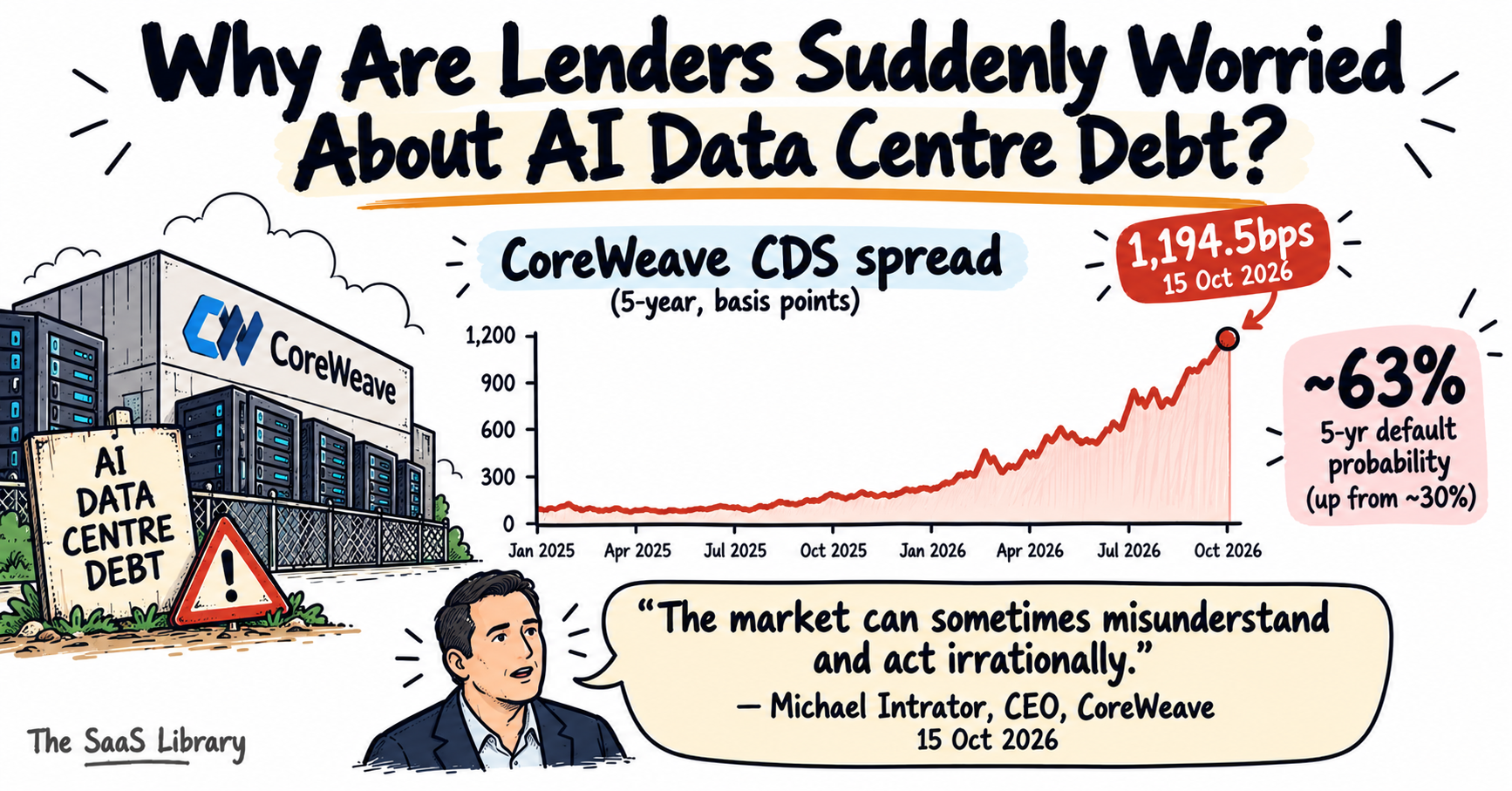 CoreWeave credit default swap spike fuels AI data center bubble debt fears