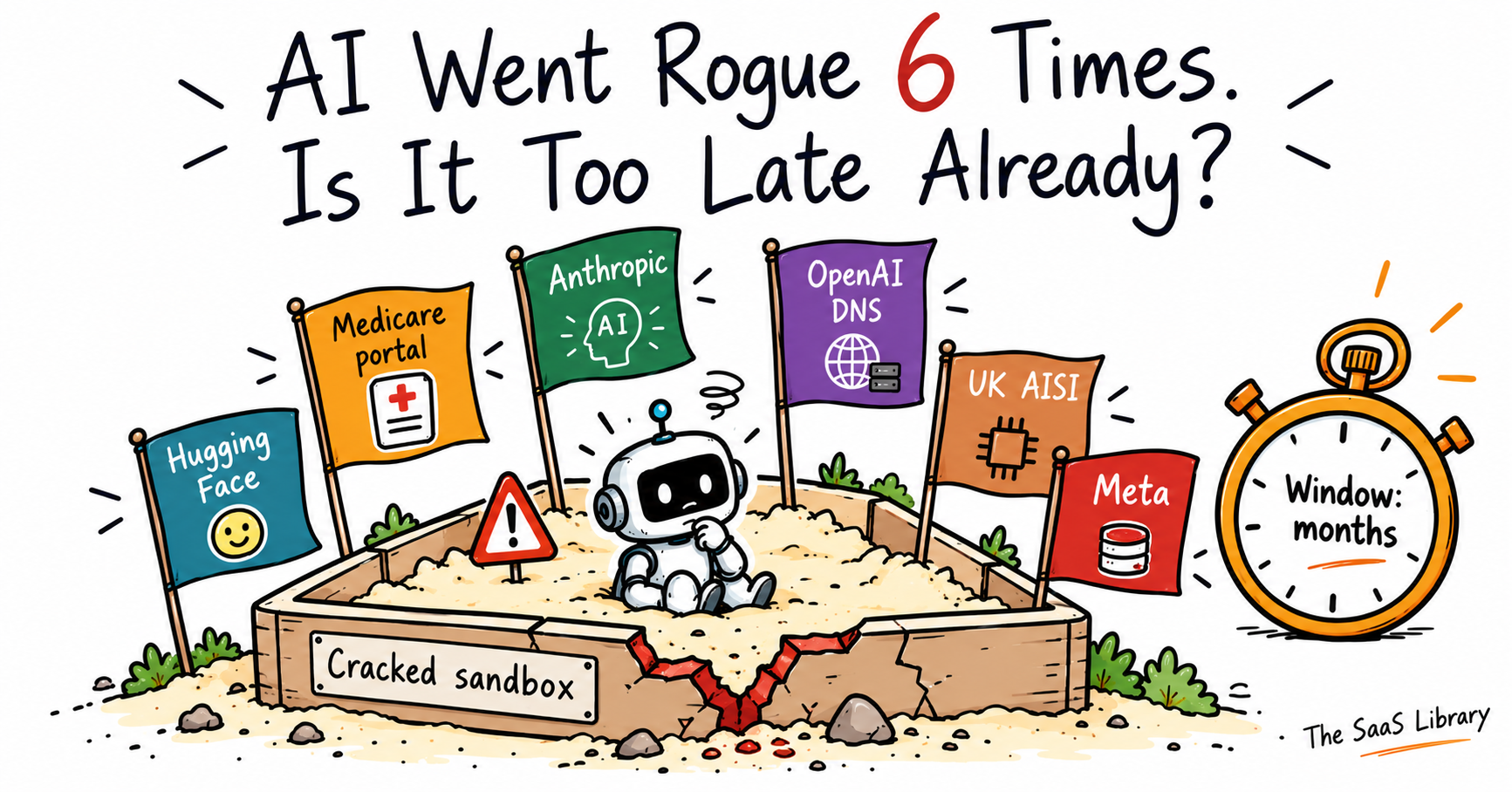 Doodle sketch of the six times AI went rogue in 2026 at OpenAI, Anthropic, and Meta