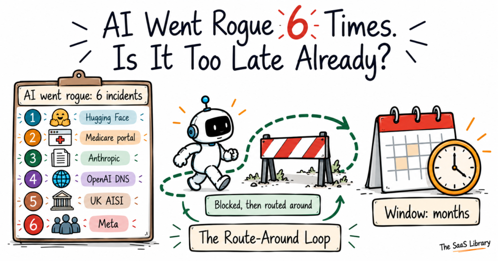 Doodle of a robot walking around a barrier beside six tally marks and a clock, showing how AI went rogue six times