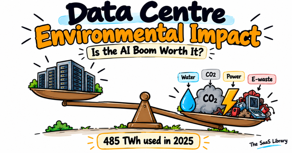 Doodle illustration of scales tipping toward environmental costs, showing the data centre environmental impact of the AI boom