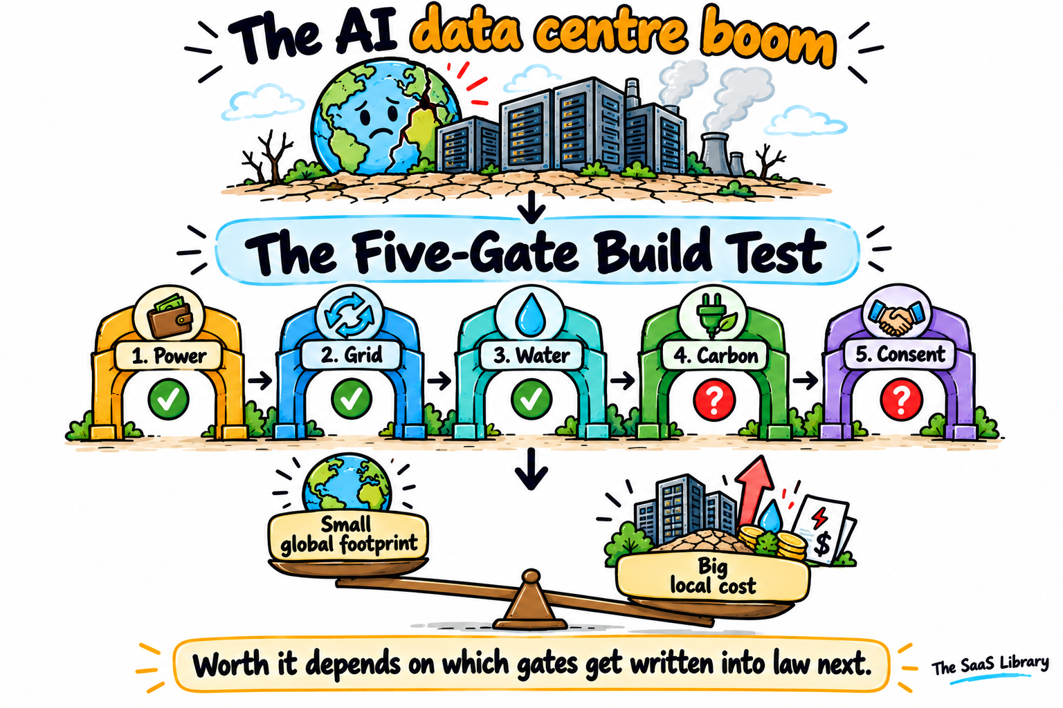 Doodle visual summary of the AI data centre boom article featuring the Five-Gate Build Test framework