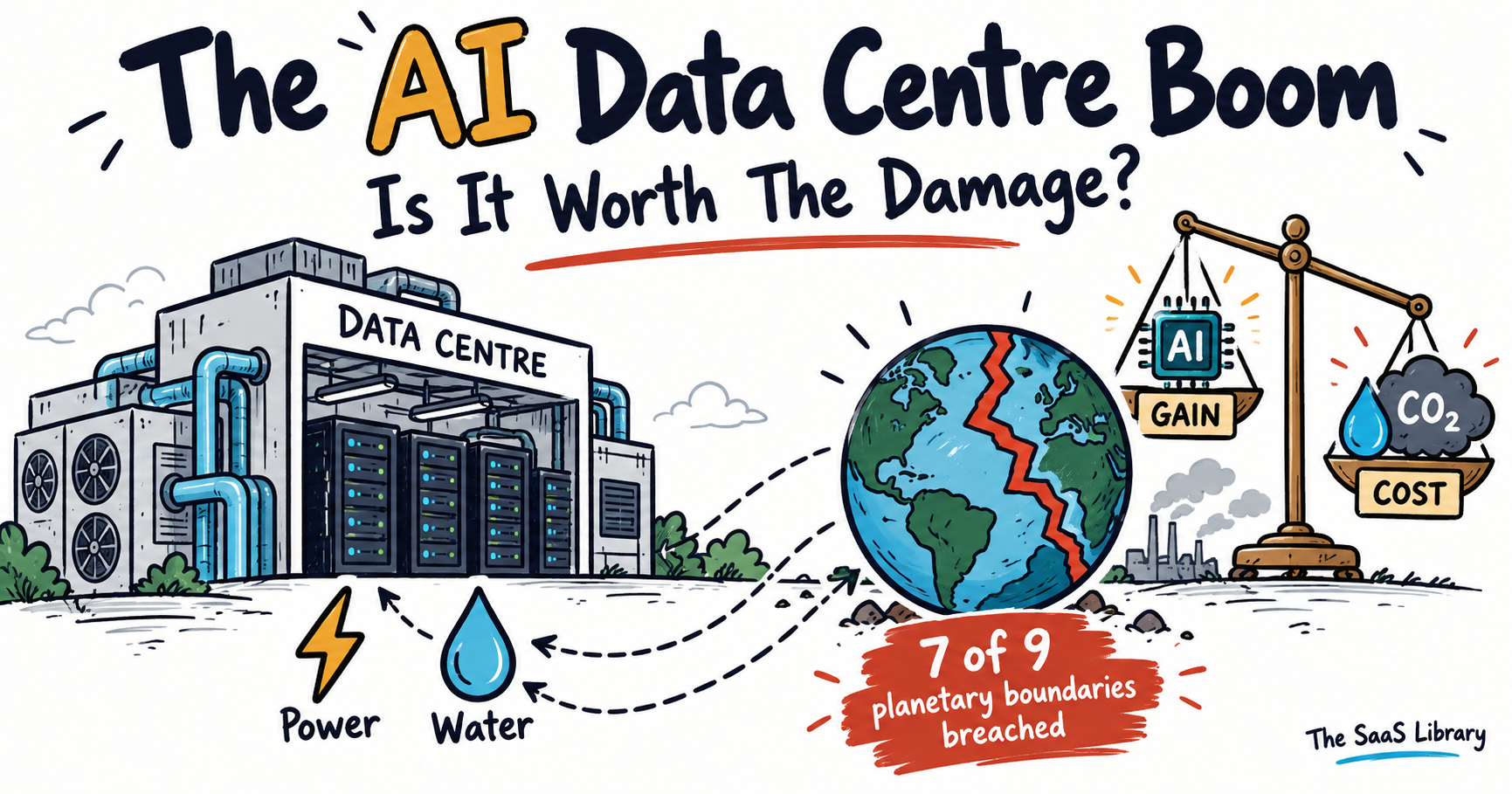 Doodle illustration of a data centre connected to a cracked Earth, showing the data centre environmental impact tension