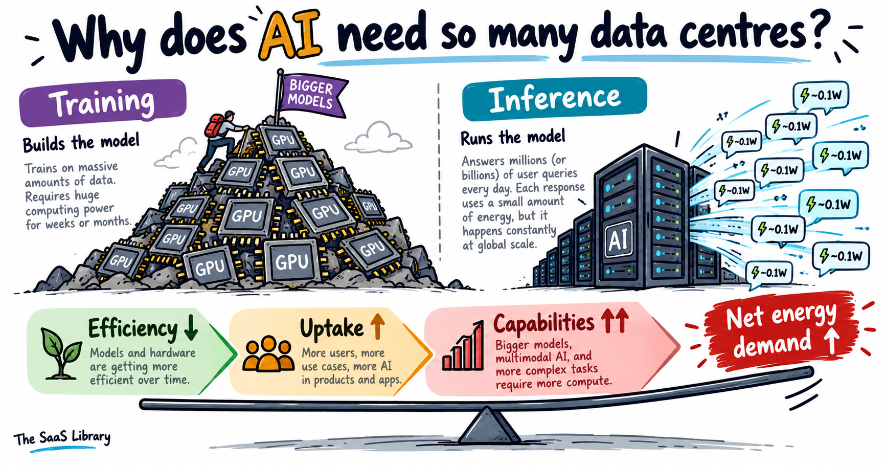 Doodle diagram showing AI training vs inference and three forces driving data centre energy demand