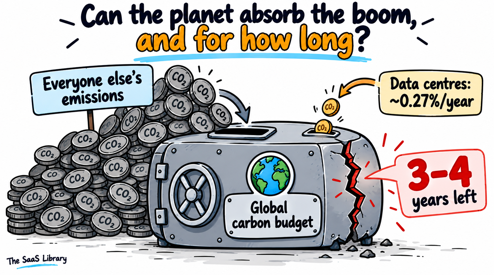 Doodle illustration of a cracked piggy bank showing data centres' small share of a nearly exhausted global carbon budget