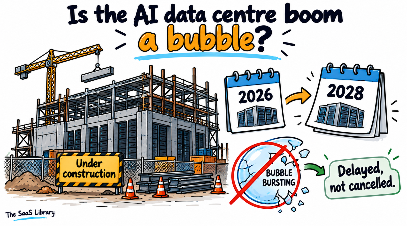 Doodle illustration of a partially built data centre with its timeline slipping from 2026 to 2028