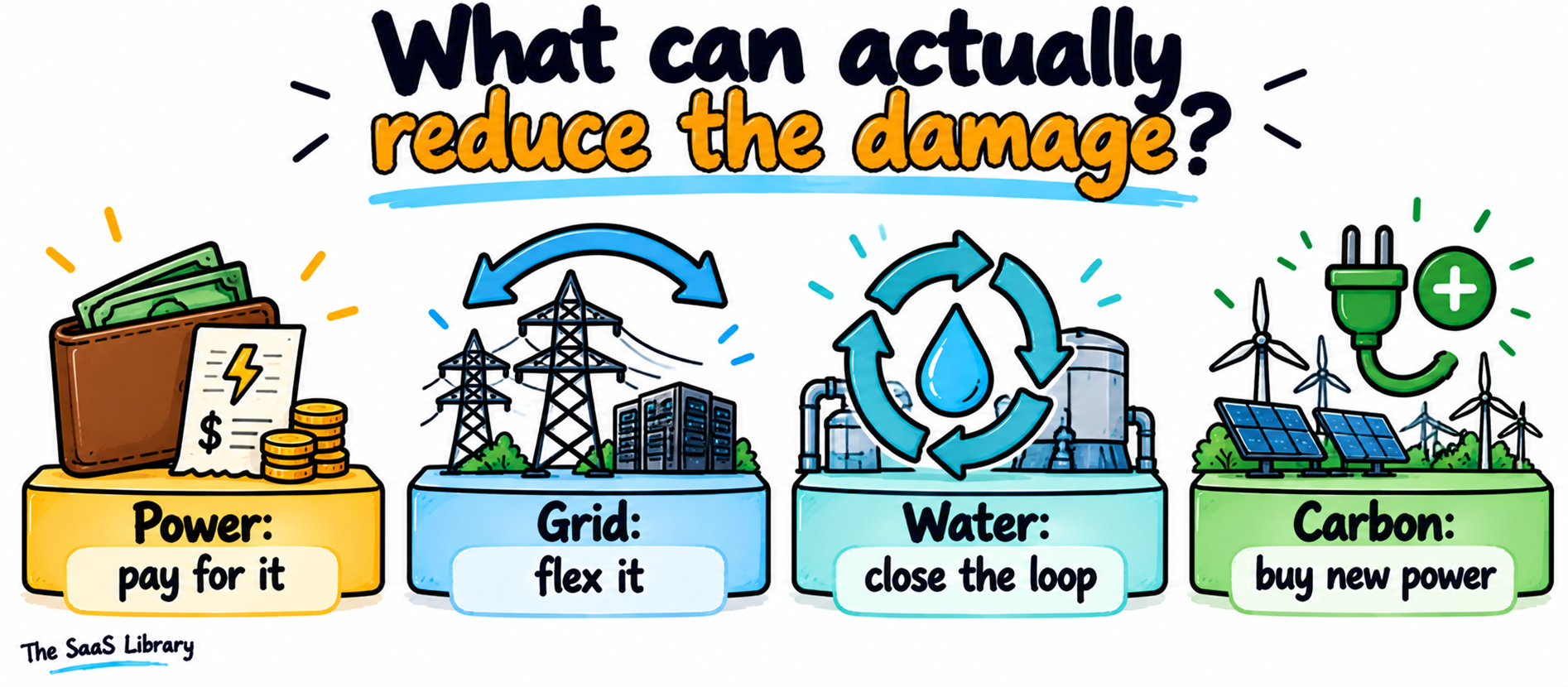 Doodle toolbox illustration of four fixes for data centre power, grid, water and carbon impact
