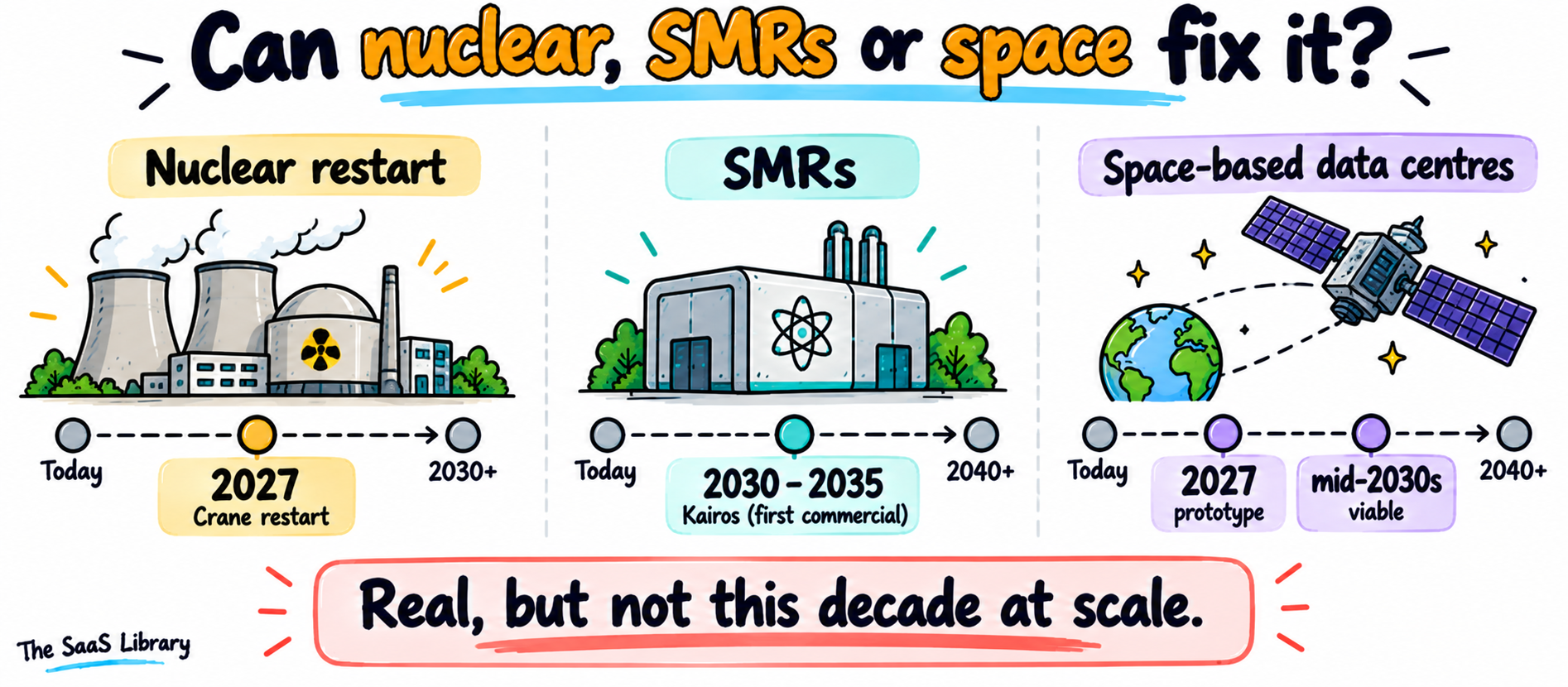 Doodle timeline comparing nuclear restarts, small modular reactors and space-based data centres