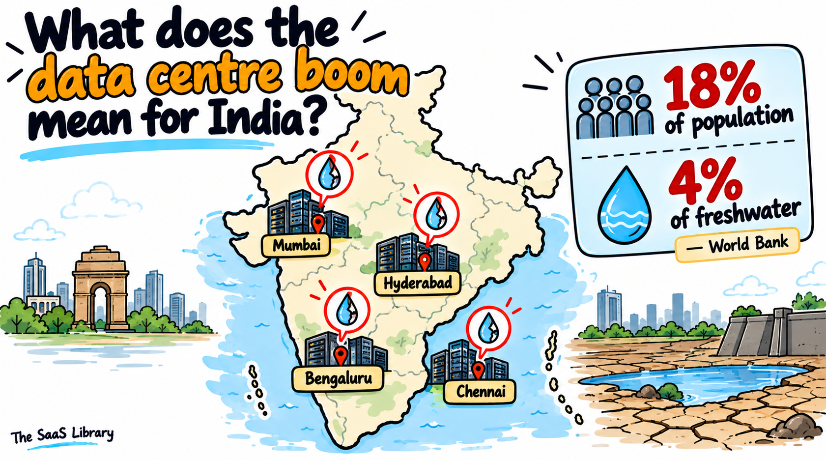 Doodle map of India showing data centre clusters in water-stressed cities